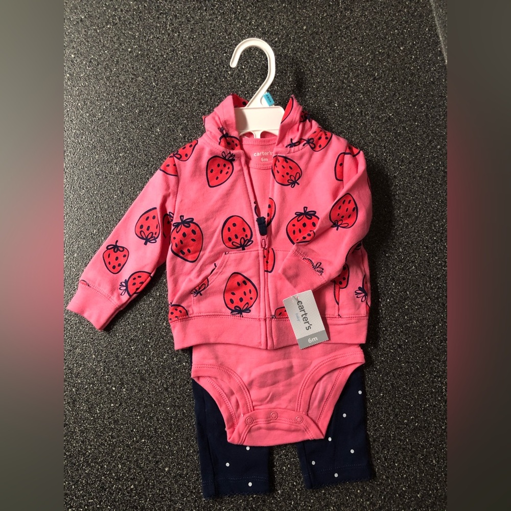 Carters Strawberry Hoodie, Onesie and Pant Set - size 6m